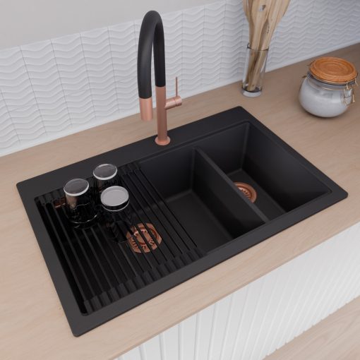 HD Aspen Black 78 kétmedencés gránit mosogatótálca szett, vágódeszkával, matt fekete csepegtetőráccsal, matt fekete színben, szálcsiszolt réz leeresztő szifonnal