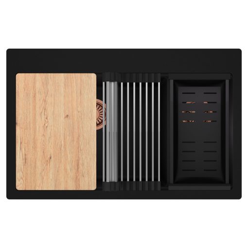 HD Aspen Black 78 kétmedencés gránit mosogatótálca szett, vágódeszkával, acél csepegtetőráccsal és matt fekete kosárral, matt fekete színben, szálcsiszolt réz leeresztő szifonnal