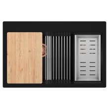 HD Aspen Black 78 kétmedencés gránit mosogatótálca szett, vágódeszkával, acél csepegtetőráccsal és kosárral, matt fekete színben, szálcsiszolt réz leeresztő szifonnal