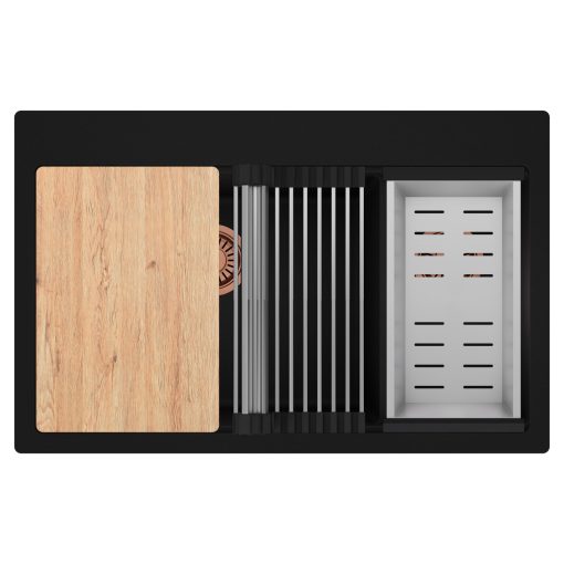 HD Aspen Black 78 kétmedencés gránit mosogatótálca szett, vágódeszkával, acél csepegtetőráccsal és kosárral, matt fekete színben, szálcsiszolt réz leeresztő szifonnal