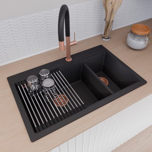 HD Aspen Black 78 kétmedencés gránit mosogatótálca szett, vágódeszkával, acél csepegtetőráccsal és kosárral, matt fekete színben, szálcsiszolt réz leeresztő szifonnal