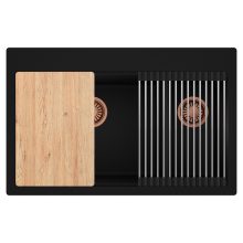 HD Aspen Black 78 kétmedencés gránit mosogatótálca szett, vágódeszkával, acél csepegtetőráccsal, matt fekete színben, szálcsiszolt réz leeresztő szifonnal