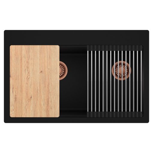 HD Aspen Black 78 kétmedencés gránit mosogatótálca szett, vágódeszkával, acél csepegtetőráccsal, matt fekete színben, szálcsiszolt réz leeresztő szifonnal
