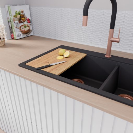 HD Aspen Black 78 kétmedencés gránit mosogatótálca szett, vágódeszkával, acél csepegtetőráccsal, matt fekete színben, szálcsiszolt réz leeresztő szifonnal