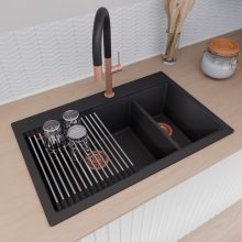 HD Aspen Black 78 kétmedencés gránit mosogatótálca szett, vágódeszkával, acél csepegtetőráccsal, matt fekete színben, szálcsiszolt réz leeresztő szifonnal