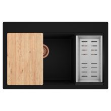 HD Aspen Black 78 kétmedencés gránit mosogatótálca szett, vágódeszkával, acél csepegtetőkosárral, matt fekete színben, szálcsiszolt réz leeresztő szifonnal