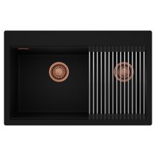 HD Aspen Black 78 kétmedencés gránit mosogatótálca szett, acél csepegtetőráccsal, matt fekete színben, szálcsiszolt réz leeresztő szifonnal