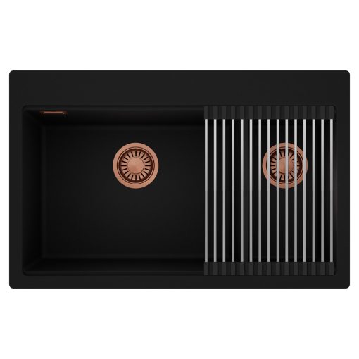 HD Aspen Black 78 kétmedencés gránit mosogatótálca szett, acél csepegtetőráccsal, matt fekete színben, szálcsiszolt réz leeresztő szifonnal