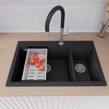 HD Aspen Black 78 kétmedencés gránit mosogatótálca szett, matt fekete csepegtetőráccsal és krómozott kosárral, matt fekete színben