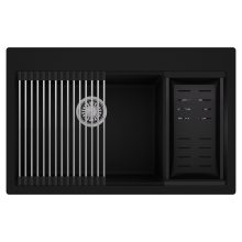 HD Aspen Black 78 kétmedencés gránit mosogatótálca szett, acél csepegtetőráccsal és matt fekete kosárral, matt fekete színben