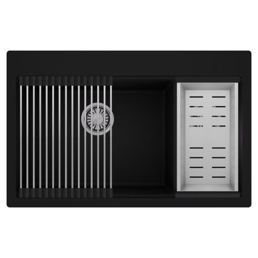 HD Aspen Black 78 kétmedencés gránit mosogatótálca szett, acél csepegtetőráccsal és kosárral, matt fekete színben