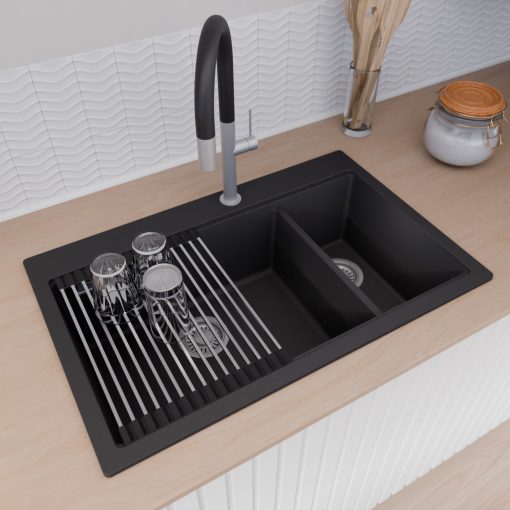 HD Aspen Black 78 kétmedencés gránit mosogatótálca szett, acél csepegtetőráccsal és kosárral, matt fekete színben