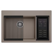 HD Aspen Tortora 78 kétmedencés gránit mosogatótálca szett, matt fekete csepegtetőráccsal és kosárral, tortora színben, szálcsiszolt króm leeresztő szifonnal