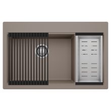 HD Aspen Tortora 78 kétmedencés gránit mosogatótálca szett, matt fekete csepegtetőráccsal és krómozott kosárral, tortora színben, szálcsiszolt króm leeresztő szifonnal