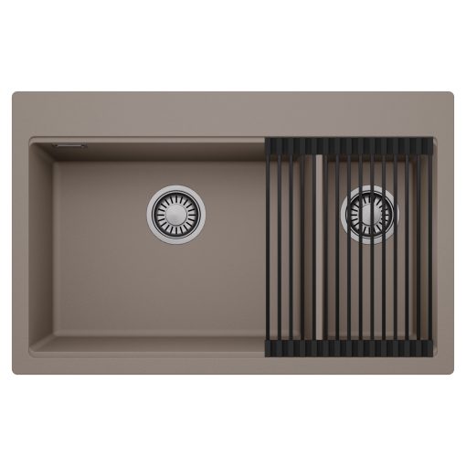 HD Aspen Tortora 78 kétmedencés gránit mosogatótálca szett, matt fekete csepegtetőráccsal, tortora színben, szálcsiszolt króm leeresztő szifonnal