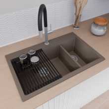 HD Aspen Tortora 78 kétmedencés gránit mosogatótálca szett, matt fekete csepegtetőráccsal, tortora színben, szálcsiszolt króm leeresztő szifonnal