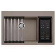 HD Aspen Tortora 78 kétmedencés gránit mosogatótálca szett, acél csepegtetőráccsal és matt fekete kosárral, tortora színben, szálcsiszolt króm leeresztő szifonnal