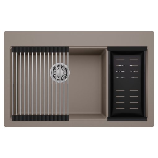 HD Aspen Tortora 78 kétmedencés gránit mosogatótálca szett, acél csepegtetőráccsal és matt fekete kosárral, tortora színben, szálcsiszolt króm leeresztő szifonnal