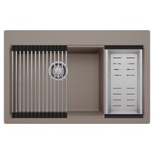 HD Aspen Tortora 78 kétmedencés gránit mosogatótálca szett, acél csepegtetőráccsal és kosárral, tortora színben, szálcsiszolt króm leeresztő szifonnal