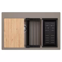 HD Aspen Tortora 78 kétmedencés gránit mosogatótálca szett, vágódeszkával, matt fekete csepegtetőráccsal és kosárral, tortora színben, szálcsiszolt króm leeresztő szifonnal