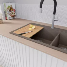 HD Aspen Tortora 78 kétmedencés gránit mosogatótálca szett, vágódeszkával, matt fekete csepegtetőráccsal és kosárral, tortora színben, szálcsiszolt króm leeresztő szifonnal