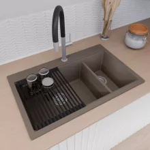 HD Aspen Tortora 78 kétmedencés gránit mosogatótálca szett, vágódeszkával, matt fekete csepegtetőráccsal és kosárral, tortora színben, szálcsiszolt króm leeresztő szifonnal