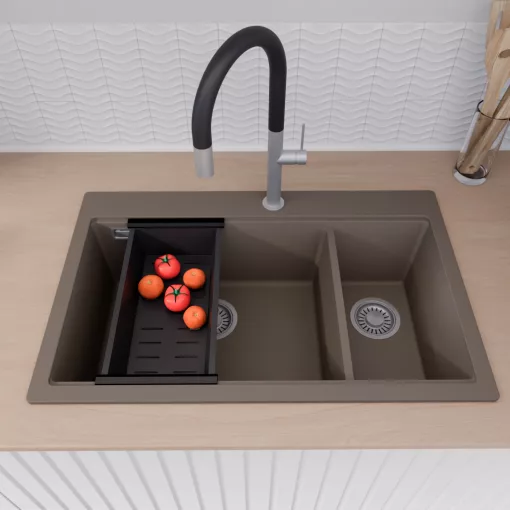 HD Aspen Tortora 78 kétmedencés gránit mosogatótálca szett, vágódeszkával, matt fekete csepegtetőráccsal és kosárral, tortora színben, szálcsiszolt króm leeresztő szifonnal