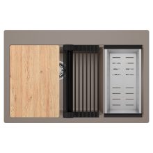 HD Aspen Tortora 78 kétmedencés gránit mosogatótálca szett, vágódeszkával, matt fekete csepegtetőráccsal és krómozott kosárral, tortora színben, szálcsiszolt króm leeresztő szifonnal