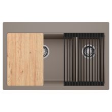 HD Aspen Tortora 78 kétmedencés gránit mosogatótálca szett, vágódeszkával, matt fekete csepegtetőráccsal, tortora színben, szálcsiszolt króm leeresztő szifonnal