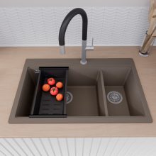 HD Aspen Tortora 78 kétmedencés gránit mosogatótálca szett, vágódeszkával, acél csepegtetőráccsal és matt fekete kosárral, tortora színben, szálcsiszolt króm leeresztő szifonnal