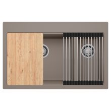 HD Aspen Tortora 78 kétmedencés gránit mosogatótálca szett, vágódeszkával, acél csepegtetőráccsal, tortora színben, szálcsiszolt króm leeresztő szifonnal