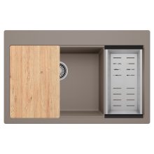 HD Aspen Tortora 78 kétmedencés gránit mosogatótálca szett, vágódeszkával, acél csepegtetőkosárral, tortora színben, szálcsiszolt króm leeresztő szifonnal