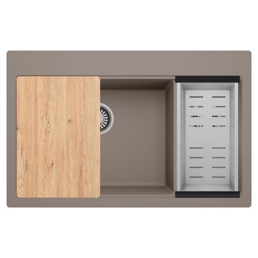 HD Aspen Tortora 78 kétmedencés gránit mosogatótálca szett, vágódeszkával, acél csepegtetőkosárral, tortora színben, szálcsiszolt króm leeresztő szifonnal