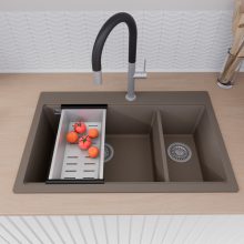 HD Aspen Tortora 78 kétmedencés gránit mosogatótálca szett, vágódeszkával, acél csepegtetőkosárral, tortora színben, szálcsiszolt króm leeresztő szifonnal