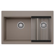HD Aspen Tortora 78 kétmedencés gránit mosogatótálca szett, acél csepegtetőráccsal, tortora színben, szálcsiszolt króm leeresztő szifonnal