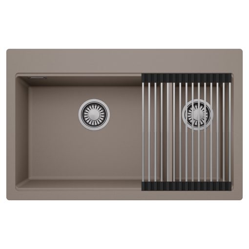 HD Aspen Tortora 78 kétmedencés gránit mosogatótálca szett, acél csepegtetőráccsal, tortora színben, szálcsiszolt króm leeresztő szifonnal