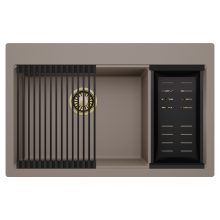 HD Aspen Tortora 78 kétmedencés gránit mosogatótálca szett, matt fekete csepegtetőráccsal és kosárral, tortora színben, szálcsiszolt arany leeresztő szifonnal