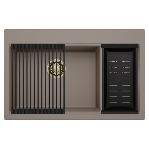 HD Aspen Tortora 78 kétmedencés gránit mosogatótálca szett, matt fekete csepegtetőráccsal és kosárral, tortora színben, szálcsiszolt arany leeresztő szifonnal