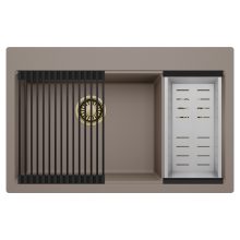 HD Aspen Tortora 78 kétmedencés gránit mosogatótálca szett, matt fekete csepegtetőráccsal és krómozott kosárral, tortora színben, szálcsiszolt arany leeresztő szifonnal