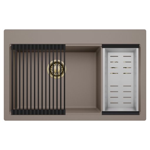 HD Aspen Tortora 78 kétmedencés gránit mosogatótálca szett, matt fekete csepegtetőráccsal és krómozott kosárral, tortora színben, szálcsiszolt arany leeresztő szifonnal