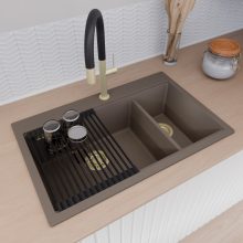 HD Aspen Tortora 78 kétmedencés gránit mosogatótálca szett, matt fekete csepegtetőráccsal és krómozott kosárral, tortora színben, szálcsiszolt arany leeresztő szifonnal