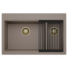HD Aspen Tortora 78 kétmedencés gránit mosogatótálca szett, matt fekete csepegtetőráccsal, tortora színben, szálcsiszolt arany leeresztő szifonnal