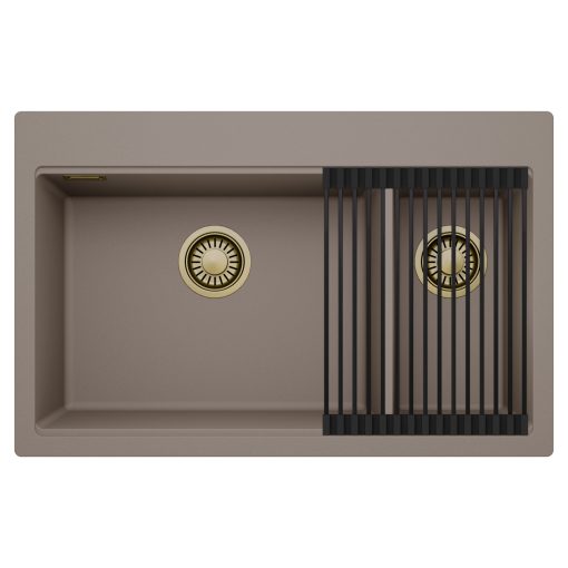 HD Aspen Tortora 78 kétmedencés gránit mosogatótálca szett, matt fekete csepegtetőráccsal, tortora színben, szálcsiszolt arany leeresztő szifonnal