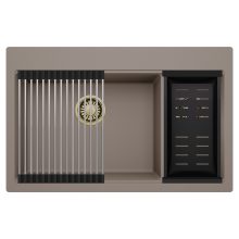 HD Aspen Tortora 78 kétmedencés gránit mosogatótálca szett, acél csepegtetőráccsal és matt fekete kosárral, tortora színben, szálcsiszolt arany leeresztő szifonnal