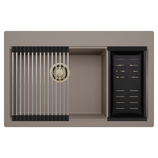 HD Aspen Tortora 78 kétmedencés gránit mosogatótálca szett, acél csepegtetőráccsal és matt fekete kosárral, tortora színben, szálcsiszolt arany leeresztő szifonnal