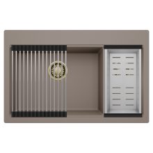HD Aspen Tortora 78 kétmedencés gránit mosogatótálca szett, acél csepegtetőráccsal és kosárral, tortora színben, szálcsiszolt arany leeresztő szifonnal
