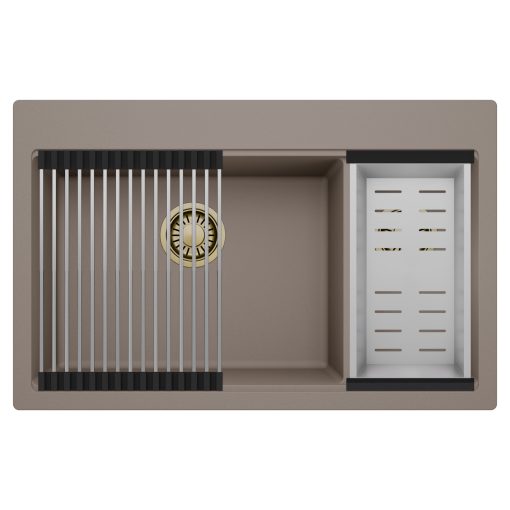 HD Aspen Tortora 78 kétmedencés gránit mosogatótálca szett, acél csepegtetőráccsal és kosárral, tortora színben, szálcsiszolt arany leeresztő szifonnal