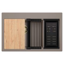 HD Aspen Tortora 78 kétmedencés gránit mosogatótálca szett, vágódeszkával, matt fekete csepegtetőráccsal és kosárral, tortora színben, szálcsiszolt arany leeresztő szifonnal