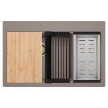 HD Aspen Tortora 78 kétmedencés gránit mosogatótálca szett, vágódeszkával, matt fekete csepegtetőráccsal és krómozott kosárral, tortora színben, szálcsiszolt arany leeresztő szifonnal