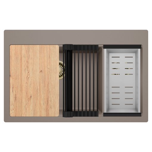 HD Aspen Tortora 78 kétmedencés gránit mosogatótálca szett, vágódeszkával, matt fekete csepegtetőráccsal és krómozott kosárral, tortora színben, szálcsiszolt arany leeresztő szifonnal